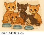 A touching illustration of five kittens with huge sad eyes, sitting next to empty bowls. The kittens are of different colors: ginger, black and black and white. All have an expression of sadness and anticipation, as if they are hungry or in need of care. The illustration is done in a cartoonish but emotional style with soft shades and emphasized emotions. This work is perfect for charity projects, social advertising, topics related to animal protection, shelters, and visual stories that evoke empathy. Стоковое AI-изображение, AI-художник Анна Кривицкая / Фотобанк Лори