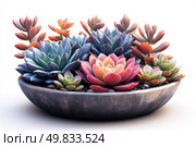 A high-quality photograph (or digital illustration) of a stylish decorative arrangement of lush, brightly colored succulents gathered in a round ceramic bowl. The plants are presented in various shades - from pink and purple to turquoise, blue, green and orange. The composition is carefully laid out against a clean white background, which emphasizes the richness of the colors and the shape of the plants. The image is ideal for themes related to interior design, botany, floristry, plant care, natural aesthetics and eco-friendly lifestyle. Стоковое AI-изображение, AI-художник Анна Кривицкая / Фотобанк Лори