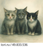A watercolor illustration of three sad kittens sitting close to each other. Each has large expressive eyes, drooping ears, and a sad expression on their face. The kittens come in a variety of colors: light gray, dark gray, and black and white. The neutral background and soft, muted color palette create an atmosphere of loneliness, anxiety, and silent anticipation. The illustration evokes a strong emotional response and is suitable for projects related to animal protection, shelters, charity, and empathy. Стоковое AI-изображение, AI-художник Анна Кривицкая / Фотобанк Лори