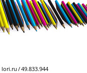 many rows of CMYK colored pencils. 3D. Стоковое фото, агентство Ingram Publishing / Фотобанк Лори