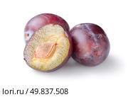 Three plums isolated on a white background. Стоковое фото, агентство Ingram Publishing / Фотобанк Лори