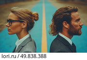 Two business people, a man and a woman, stand with their backs to each other on the dividing line of a bright blue road with a yellow stripe in the middle. They are dressed in business suits, their poses express tension, a spat or fundamental disagreement. The composition conveys ideas of conflict, business rivalry, gender equality, independence and personal boundaries. Suitable for illustrating themes of negotiations, disagreements, equality, career growth, corporate culture and conflicts in a team. Стоковое AI-изображение, AI-художник Анна Кривицкая / Фотобанк Лори