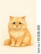 A charming digital illustration of a ginger fluffy cat with huge sad eyes. The cat sits on a light background, slightly ruffled, with an expression of sadness or resentment on its face. The image is made in a soft pastel palette, in a cartoon style with realistic elements. The emotional emphasis on the eyes evokes sympathy and tenderness. The illustration is ideal for postcards, posts about shelters and animal rescue, children's books, and also as a character for stickers, merch and social advertising. Стоковое AI-изображение, AI-художник Анна Кривицкая / Фотобанк Лори
