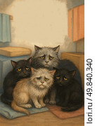 A touching illustration of a group of frightened, sad cats huddled together in the corner of a room. Their facial expressions convey anxiety and suffering. Warm, muted colors and soft lighting emphasize the drama of the scene. The painting evokes sympathy and focuses attention on the problem of homeless animals, life in shelters, the consequences of cruelty and the importance of care. Ideal for animal protection and charity projects, illustrations for articles, social advertising and humanitarian campaigns. Стоковое AI-изображение, AI-художник Анна Кривицкая / Фотобанк Лори