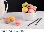 Classic Macarons with Raspberry, Coffee, Chocolate and Pistachios Filled with Cream, French Pastry. Стоковое фото, агентство Ingram Publishing / Фотобанк Лори