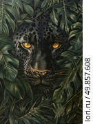 A painting of a leopard standing amidst lush green leaves in its natural habitat. Стоковое AI-изображение, AI-художник Данила Большаков / Фотобанк Лори