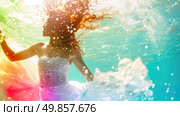 A woman wearing a white dress submerged under the water. Стоковое AI-изображение, AI-художник Данила Большаков / Фотобанк Лори