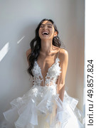 A woman in a white dress is laughing joyfully, her face filled with happiness and mirth. Стоковое AI-изображение, AI-художник Данила Большаков / Фотобанк Лори
