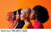 Several women are standing next to each other, forming a group. They are dressed casually and seem to be engaged in conversation or observing something. Стоковое AI-изображение, AI-художник Данила Большаков / Фотобанк Лори