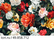 A detailed view of various colorful flowers clustered together on a stark black backdrop. Стоковое AI-изображение, AI-художник Данила Большаков / Фотобанк Лори