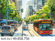 A vibrant painting depicting a city street filled with various vehicles and pedestrians, bustling with activity and movement. Стоковое AI-изображение, AI-художник Данила Большаков / Фотобанк Лори