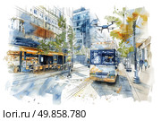 Watercolor painting of a bus parked at a bus stop, with passengers boarding and alighting. The scene captures the urban hustle and bustle of public transportation. Стоковое AI-изображение, AI-художник Данила Большаков / Фотобанк Лори