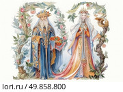 A watercolor illustration done in a fairy-tale style depicts the Tsar and Tsarina in luxurious Old Slavic robes. The Tsar with a long gray beard is dressed in a blue embroidered caftan with gold patterns, on his head he has a crown with jewels, and in his hands he holds a basket of apples - a symbol of abundance. The Tsarina in an elegant multi-layered outfit decorated with ornaments and gold embroidery holds a scepter. Her head is crowned with a crown with flowers and precious stones. The composition is framed by decorative branches with leaves and apples, which gives the illustration a decorative and fairy-tale look. The illustration is done in a soft color scheme with an emphasis on the details of the costumes and nature. Suitable for book design, postcards, children's and fantasy projects. Стоковое AI-изображение, AI-художник Анна Кривицкая / Фотобанк Лори