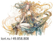 A fantasy-style watercolor illustration depicting a graceful girl sitting in a meditative pose, like a mythical nymph or goddess of nature. Her outfit is decorated with flowers, leaves and intricate patterns, and plants and flowers are woven into her lush, wavy hair. The color scheme is done in soft natural shades - green, ochre, brown and blue, with lively watercolor streaks. The image conveys harmony, calm and connection with the elements. Ideal for themes of nature, mythology, meditation, yoga, art and feminine power. Стоковое AI-изображение, AI-художник Анна Кривицкая / Фотобанк Лори