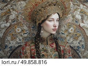 Portrait of a young woman in traditional Russian dress, executed in artistic style with high detail. She is dressed in a richly embroidered sarafan with gold threads, and her head is adorned with a majestic kokoshnik, inlaid with ornaments, beads and metal elements. The hair is braided in two long braids, and the background is a complex pattern, complementing the decorative style of the dress. The atmosphere of the image is solemn and culturally rich, conveying the spirit of ancient Russian traditions, beauty and folk heritage.Ideal for themes of ethnography, folklore, culture, art, fashion, history and decoration of traditional projects. Стоковое AI-изображение, AI-художник Анна Кривицкая / Фотобанк Лори