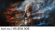 An elderly womans profile merges with a vivid cosmic nebula, symbolizing contemplation and the universes vastness. Стоковое AI-изображение, AI-художник Данила Большаков / Фотобанк Лори