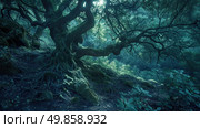A massive tree towering amidst a dense forest, surrounded by various other trees and foliage. Стоковое AI-изображение, AI-художник Данила Большаков / Фотобанк Лори