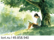 A young girl sitting under a tree, engrossed in a book she is reading. Стоковое AI-изображение, AI-художник Данила Большаков / Фотобанк Лори
