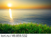 Sundown composition. Sky, sea, and green grass. Стоковое фото, агентство Ingram Publishing / Фотобанк Лори