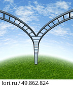 Corporate ladder decisions as a symbol of business options and financial dilemma split into two equal paths of opportunity for a business person to climb and decide the best way forward. Стоковое фото, агентство Ingram Publishing / Фотобанк Лори