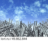 Looking for answers Lost and confused as ladders in disoriented directions as a business and financial icon of uncertainty and obstacles and needing advice and consultation from a leader to escape the challenges. Стоковое фото, агентство Ingram Publishing / Фотобанк Лори