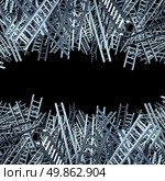Financial options and business confusion as a large group of ladders going in different disoriented directions as a symbol for the need of professional wealth and money guidance and leadership on a black background. Стоковое фото, агентство Ingram Publishing / Фотобанк Лори