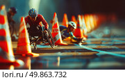 A dynamic photograph of para-athletes racing in a wheelchair. The central character is a man in a helmet and racing gear, racing through traffic cones. The scene is full of movement, concentration and willpower. The flare of light, reflections on the wet asphalt and the blur of the background highlight the tension of the competition. The image conveys inspiration, struggle, equality of opportunity and fortitude.Great for themes of para-athletes, inclusion, motivation, overcoming difficulties, the will to win and social support. Стоковое AI-изображение, AI-художник Анна Кривицкая / Фотобанк Лори