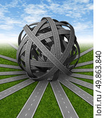 Choice confusion as a direction symbol of decision problems and not having clear goals or well focused strategy with many roads tangled in a ball of tangled paths leading to failure of leadership on a sky and green grass. Стоковое фото, агентство Ingram Publishing / Фотобанк Лори