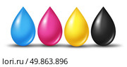 CMYK concept as cyan magenta yellow and black drops of ink or paint toner as a symbol of four color printing and designer calibration of saturation and tonality of printed and digital content. Стоковое фото, агентство Ingram Publishing / Фотобанк Лори