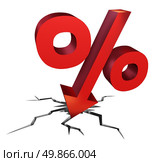 Falling interest rates as a red percentage sign as a symbol of an  economic crash withh aa arrow falling down as a decline in money to be payed or bad investment decisions on a white background. Стоковое фото, агентство Ingram Publishing / Фотобанк Лори
