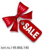 Sale price tag with red silk ribbon bow tie on a white background asa symbol of shopping and buying goods on special as a design element. Стоковое фото, агентство Ingram Publishing / Фотобанк Лори