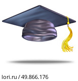 Graduation cap or mortar board with a gold tassel on a blank white bakground as a symbol of education of higher learning from university and college as a celebration of the achievement of learning. Стоковое фото, агентство Ingram Publishing / Фотобанк Лори