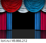 Election presentation stage with red white and blue American flag color curtains as a metaphor for a political soap box for campaigning on social policy issues to win the vote in a free democratic process. Стоковое фото, агентство Ingram Publishing / Фотобанк Лори