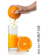 squeezing orange juice pouring into glass isolated on white. Стоковое фото, агентство Ingram Publishing / Фотобанк Лори