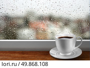Coffee cup against window with rainy day view. Стоковое фото, агентство Ingram Publishing / Фотобанк Лори