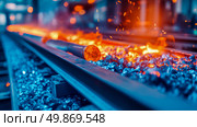 Industrial Concept: A fiery metal ingot resting on a coal bed, illuminated by glowing embers in a factory. Стоковое AI-изображение, AI-художник Данила Большаков / Фотобанк Лори