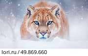 Close-up Portrait of a Cougar in Winter Snow. Стоковое AI-изображение, AI-художник Данила Большаков / Фотобанк Лори