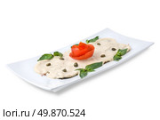 slices of ham with sauce on the plate isolated on white. Стоковое фото, агентство Ingram Publishing / Фотобанк Лори