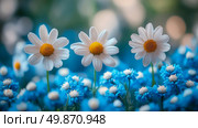 Spring Blossom: A serene field of vibrant blue miniature blossoms with white daisies gently swaying above, floral springtime tranquility. Стоковое AI-изображение, AI-художник Данила Большаков / Фотобанк Лори