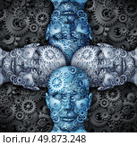 Industry cooperation and partnership working together as a team connecting their ideas to find successful unified solutions with human head shapes made of gears and cogs. Стоковое фото, агентство Ingram Publishing / Фотобанк Лори