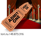 Movie night on the red carpet with a dynamic roll of admit one ticket stubs flying through the air against a background of velvet curtains and drapes and brass dividers as an entertainment and cinema concept. Стоковое фото, агентство Ingram Publishing / Фотобанк Лори