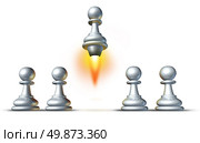 Individuality and success with a group of white pawns and a special member of the team rising up from the crowd with a rocket engine blasting upward with flames on a white background. Стоковое фото, агентство Ingram Publishing / Фотобанк Лори