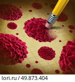 Cancer treatment with cells spreading and growing as malignant growth in a human body caused by environmental carcinogens and DNA damage showing a pencil eraser removing the disease. Стоковое фото, агентство Ingram Publishing / Фотобанк Лори
