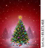 Red Christmas winter tree decorated with ornate decorative balls and gifts with ribbons and bows as a seasonal symbol of winter celebration and festive new year on a magical snowing night. Стоковое фото, агентство Ingram Publishing / Фотобанк Лори