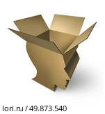 Thinking out of the box with an open three dimensional cardboard packaging in the shape of a human head as a symbol of brain intelligence and having an open mind for innovation and solutions. Стоковое фото, агентство Ingram Publishing / Фотобанк Лори