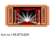 Cinema ticket and movie stub with an open window into a theater on a red carpet and velvet curtains with brass partitions leading to a glowing spot light as an entertainment concept isolated on a white background. Стоковое фото, агентство Ingram Publishing / Фотобанк Лори