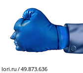 Business competitor and financial competitive advantage symbol with a blue boxing glove in the shape of a human head  as a leadership strategy and aggressive planning concept isolated on white. Стоковое фото, агентство Ingram Publishing / Фотобанк Лори