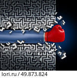 Breaking out leadership and business vision with strategy in corporate challenges and obstacles in a maze with a business man arm with a red boxing glove clearing a path in a labyrinth with a clear solution shortcut for success. Стоковое фото, агентство Ingram Publishing / Фотобанк Лори