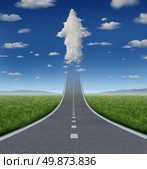 No limits success concept with a road or highway going forward fading into the sky with a group of clouds shaped as an upward arrow as a business symbol of financial freedom and aspirations. Стоковое фото, агентство Ingram Publishing / Фотобанк Лори