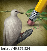Losing peace crisis concept with a white dove holding an olive branch being erased by a pencil eraser as a symbol of challenges in search for a truce or agreement to stop fighting in the middle East or other countries at war. Стоковое фото, агентство Ingram Publishing / Фотобанк Лори
